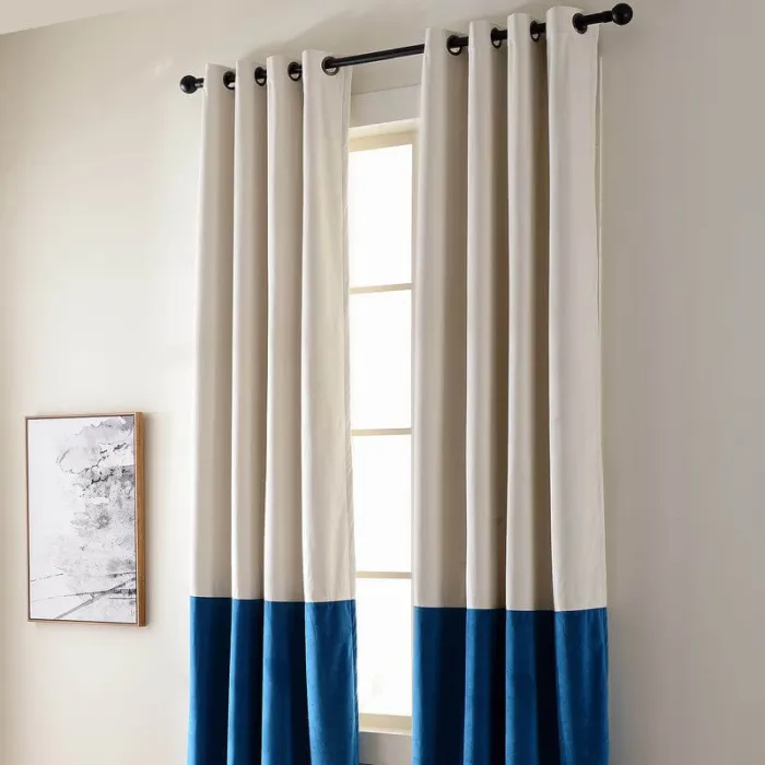 2 Toned Blackout Lined Pieced Patchwork Grommet Velvet Curtain BIRKIN