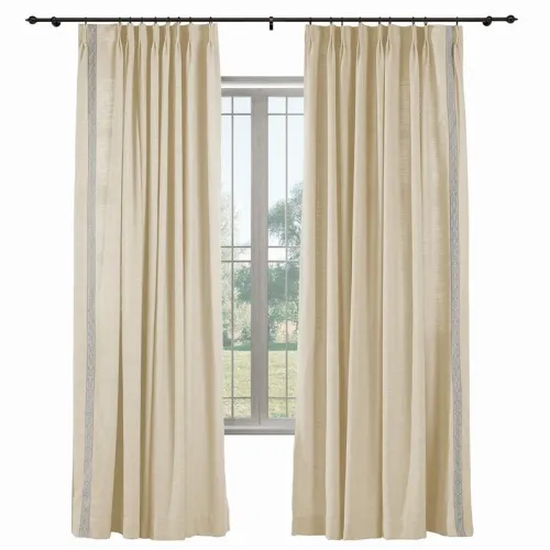 AMARA Polyester Linen Curtain Drapery With Decorative Trim Custom Sold Per Pair