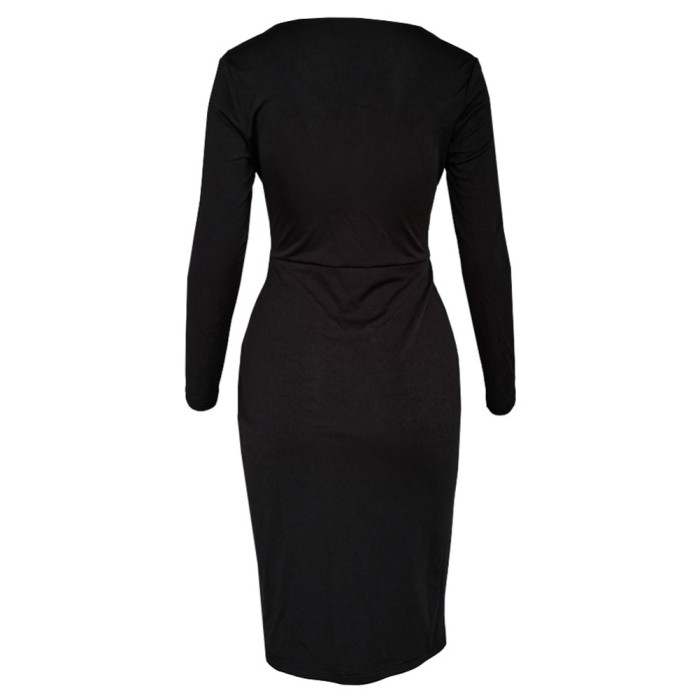 Fall Black V-Neck Ruffles Midi Dress