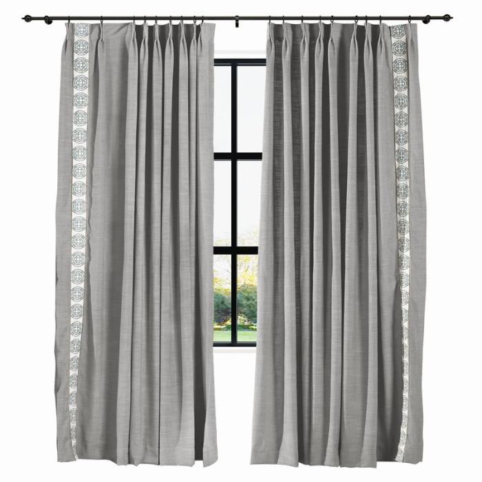 AMARA Polyester Linen Curtain Drapery With Decorative Trim Custom Sold Per Pair