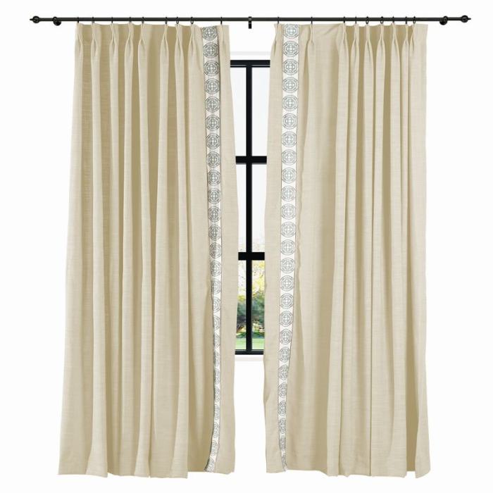 AMARA Polyester Linen Curtain Drapery With Decorative Trim Custom Sold Per Pair