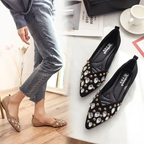 Balerini din imitație de piele, stil retro cu talpă joasă, model casual cu ștrasuri