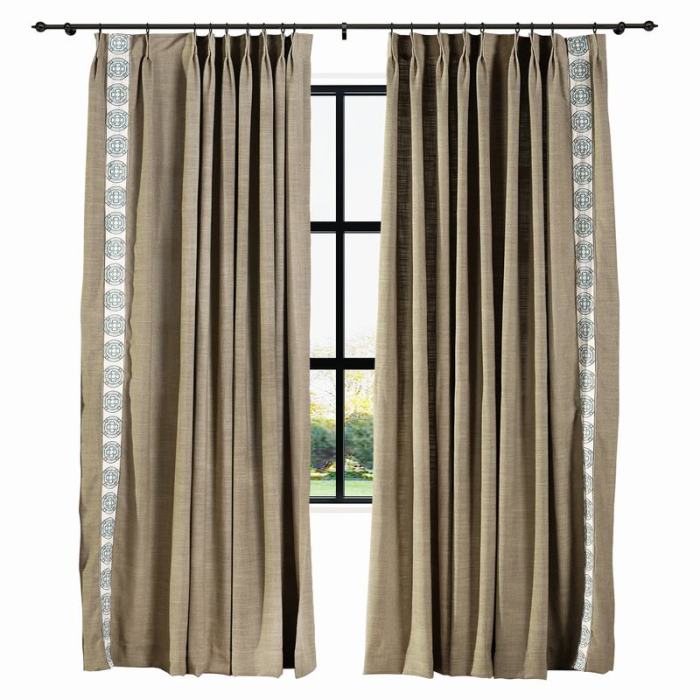 AMARA Polyester Linen Curtain Drapery With Decorative Trim Custom Sold Per Pair