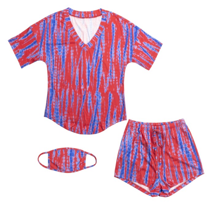 Summer Tie Dye Two Piece Shorts Set with Face Cover