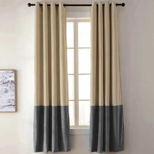 2 Toned Blackout Lined Pieced Patchwork Grommet Velvet Curtain BIRKIN