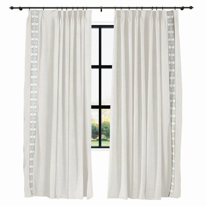 AMARA Polyester Linen Curtain Drapery With Decorative Trim Custom Sold Per Pair