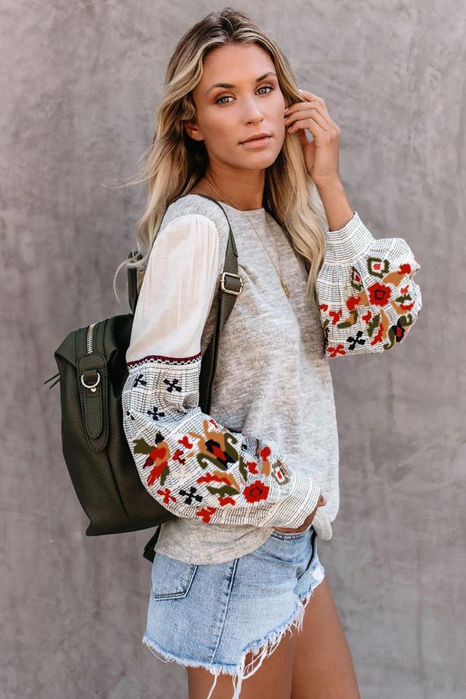 Gray Contrast Printed Sleeve Knit Sweatshirts
