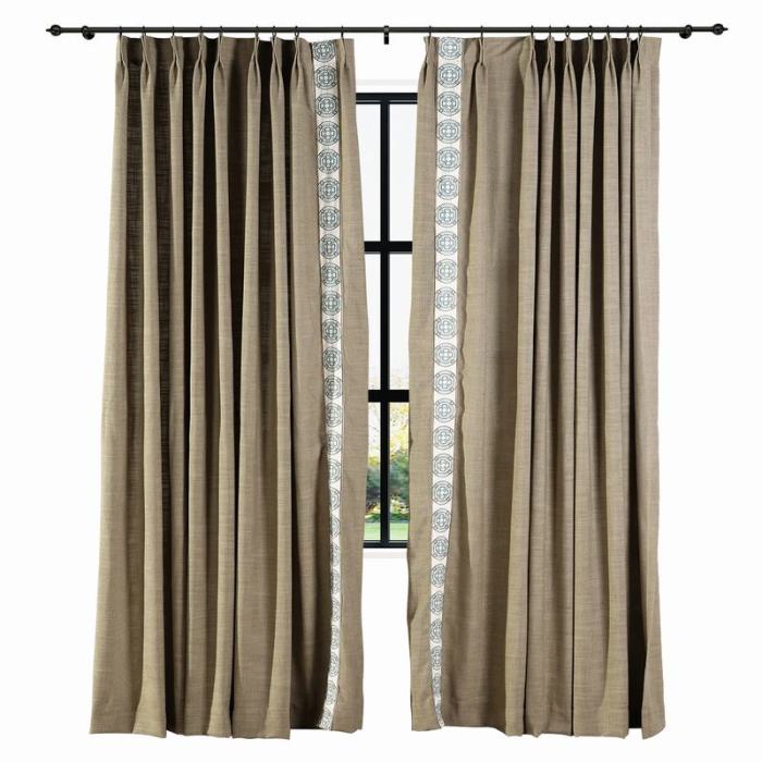 AMARA Polyester Linen Curtain Drapery With Decorative Trim Custom Sold Per Pair