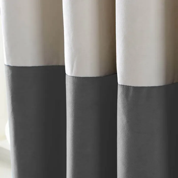 2 Toned Blackout Lined Pieced Patchwork Grommet Velvet Curtain BIRKIN