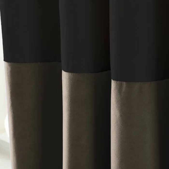 2 Toned Blackout Lined Pieced Patchwork Grommet Velvet Curtain BIRKIN