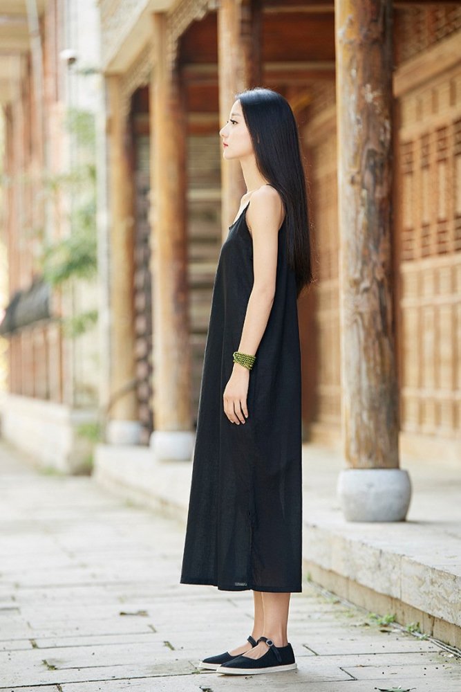 Tank Type Women Linen and Cotton Sleeveless Tea Length Dress