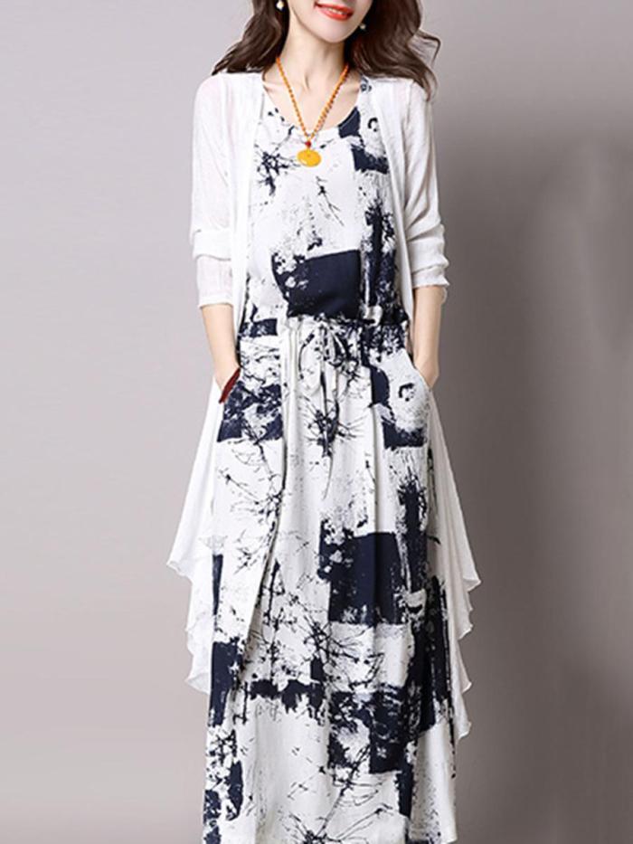 Casual Drawstring Printed Two-Piece Maxi Plus Size Dress