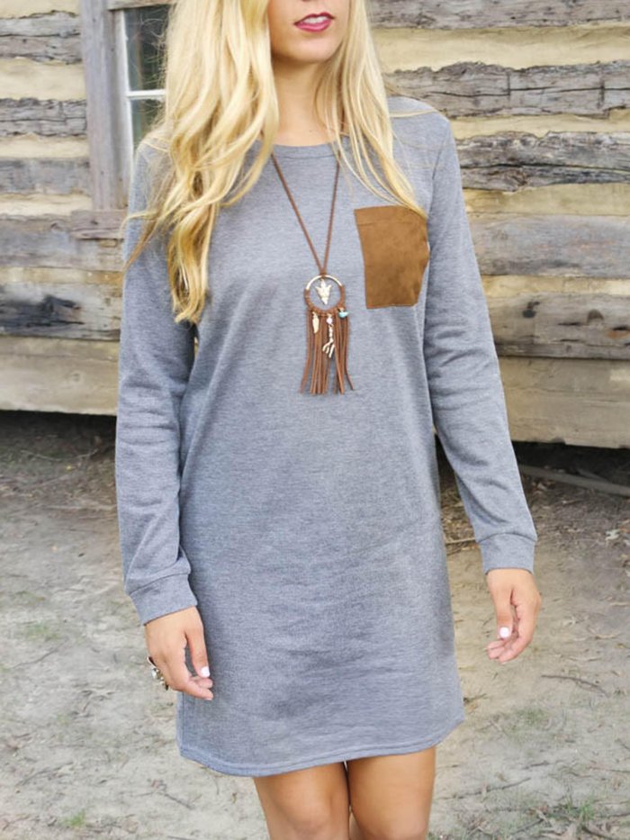 Casual Crew Neck Long Sleeve Plain Dress