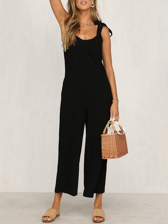 Beach Holiday Zipper Cotton Solid Sexy Jumpsuits