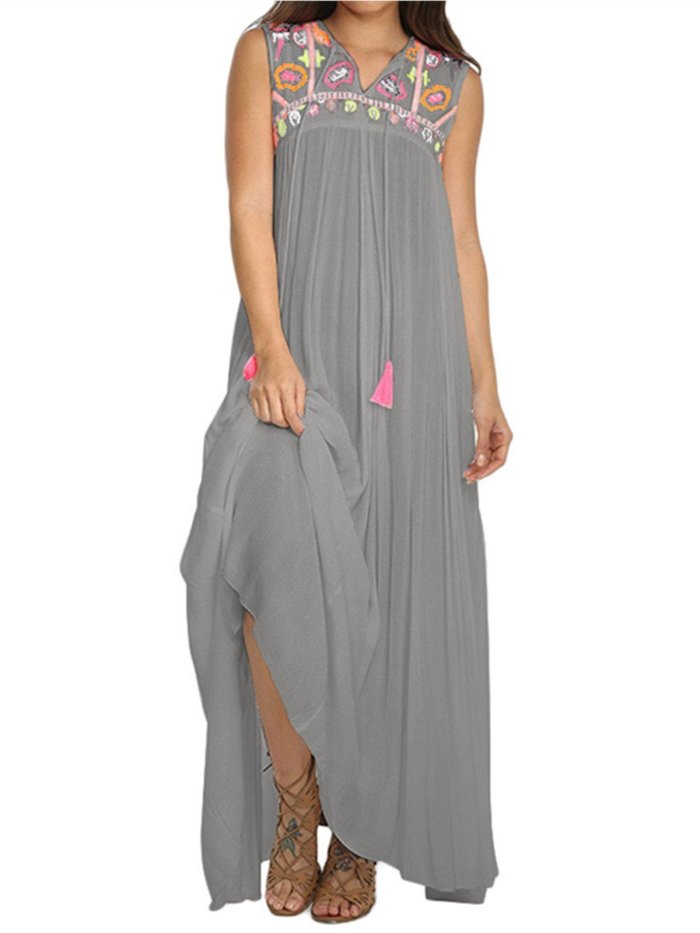 Cotton Sleeveless V Neck Printed/dyed Dresses