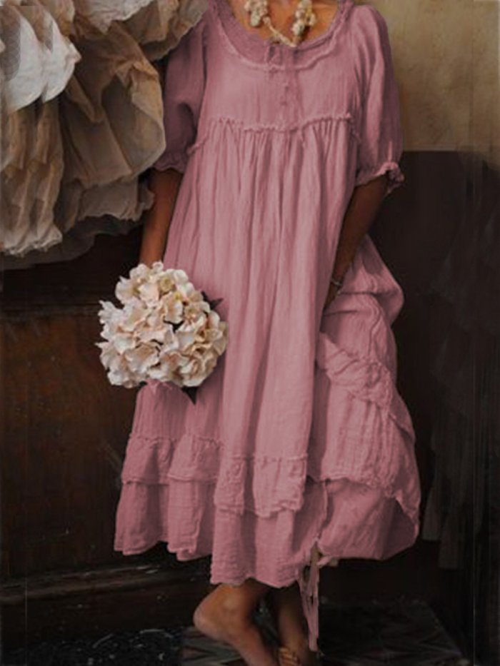 Beige Short Sleeve Cotton Crew Neck Dresses