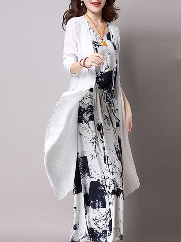 Casual Drawstring Printed Two-Piece Maxi Plus Size Dress