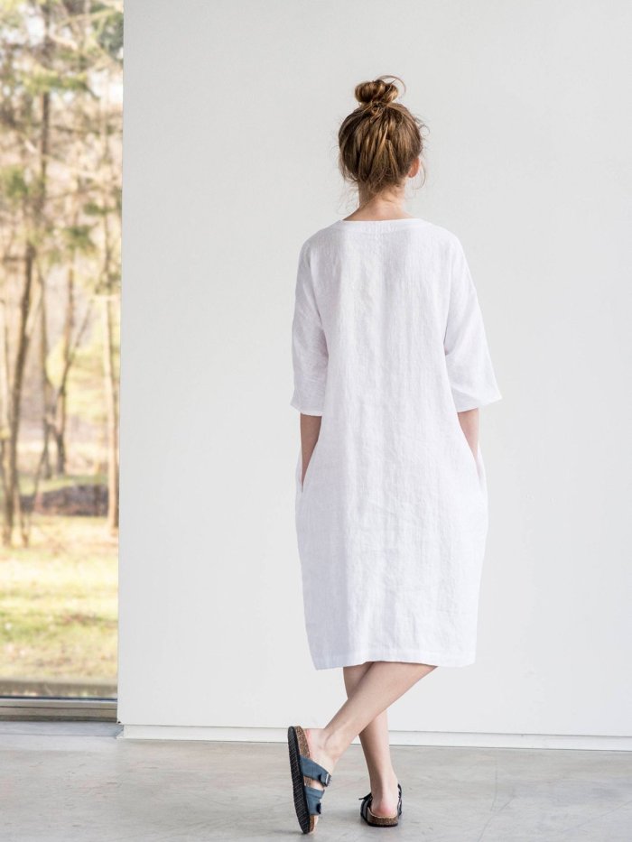Washed linen Oversize V Neckline Loose Cozy Linen Dress