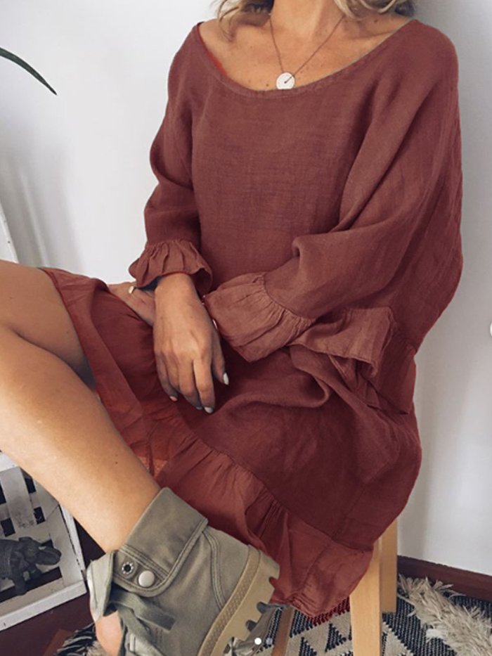 Gray Cotton-Blend Bell Sleeve Round Neck Dresses