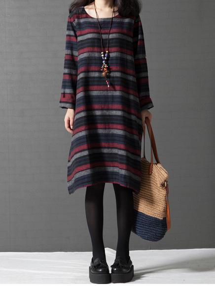 A-Line Women Solid Crew Neck Casual Loose Stripe Cotton Dress