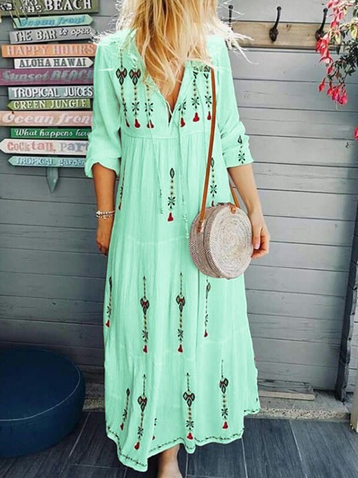 V Neck Women Dresses Cotton Embroidered Dresses