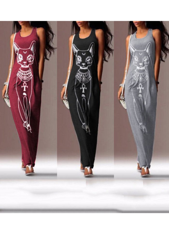 Casual A-line Cats Pockets Sleeveless Plus Size Maxi Dress