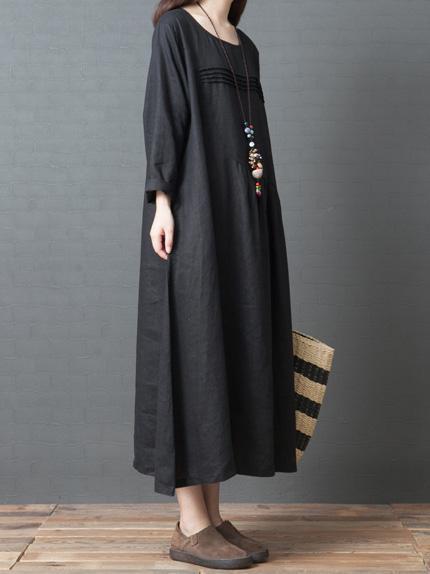 Long Sleeve Women Casual Crew Neck Loose Solid Cotton Long Dress
