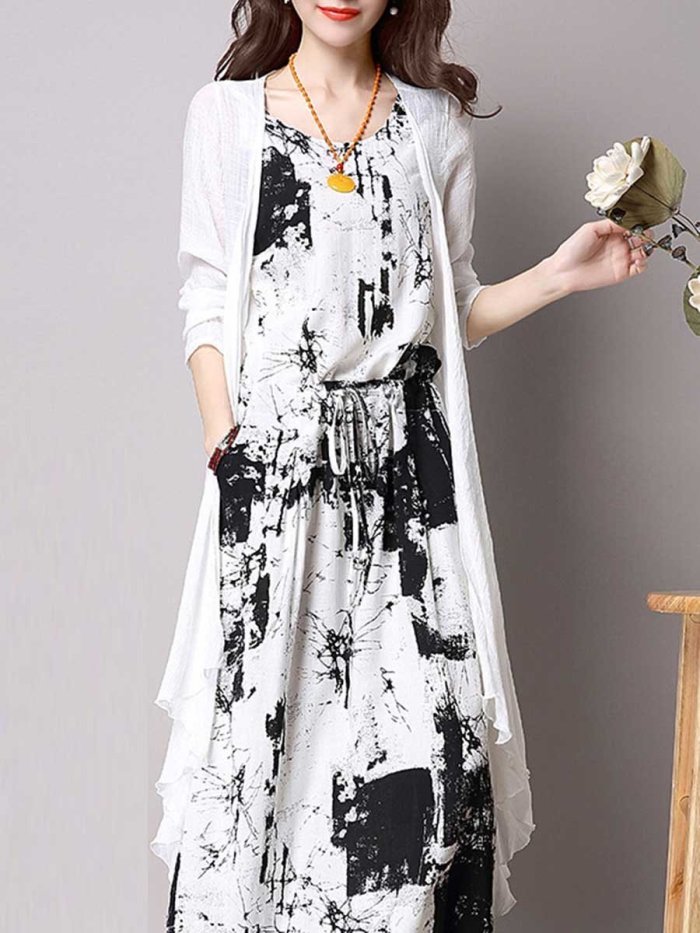 Casual Drawstring Printed Two-Piece Maxi Plus Size Dress