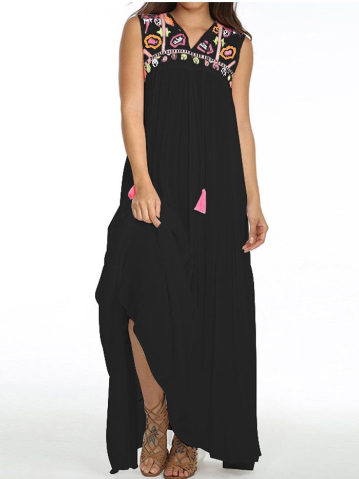 Cotton Sleeveless V Neck Printed/dyed Dresses