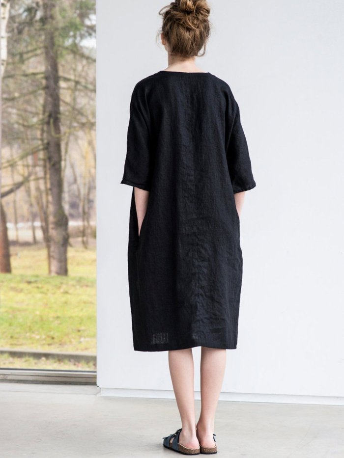 Washed linen Oversize V Neckline Loose Cozy Linen Dress