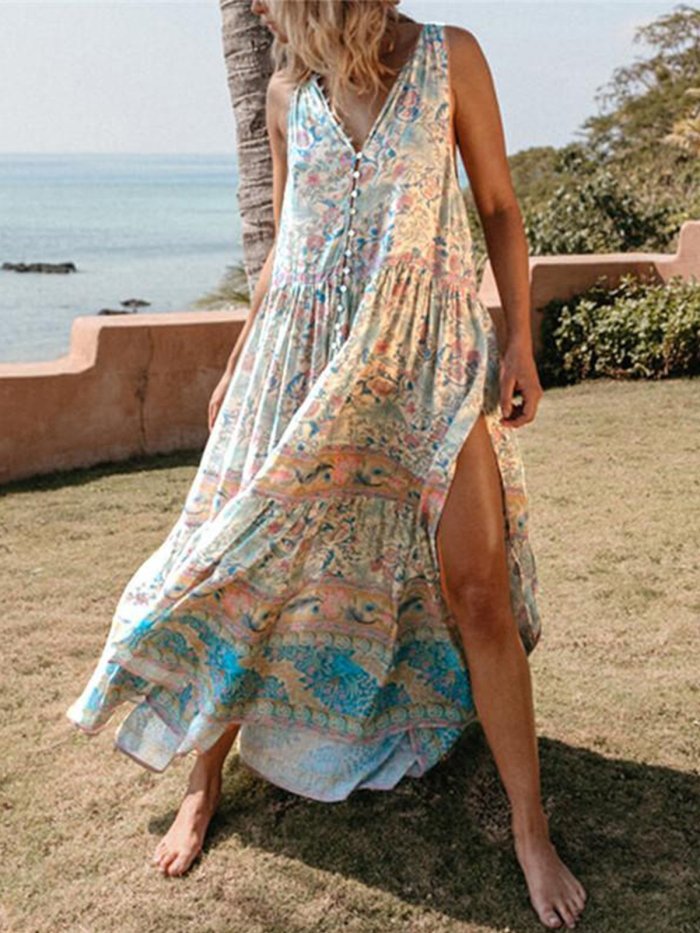 V Neck Casual Floral Maxi Dresses