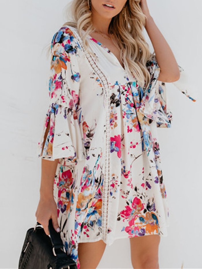 White Casual V Neck Swing Casual Dresses