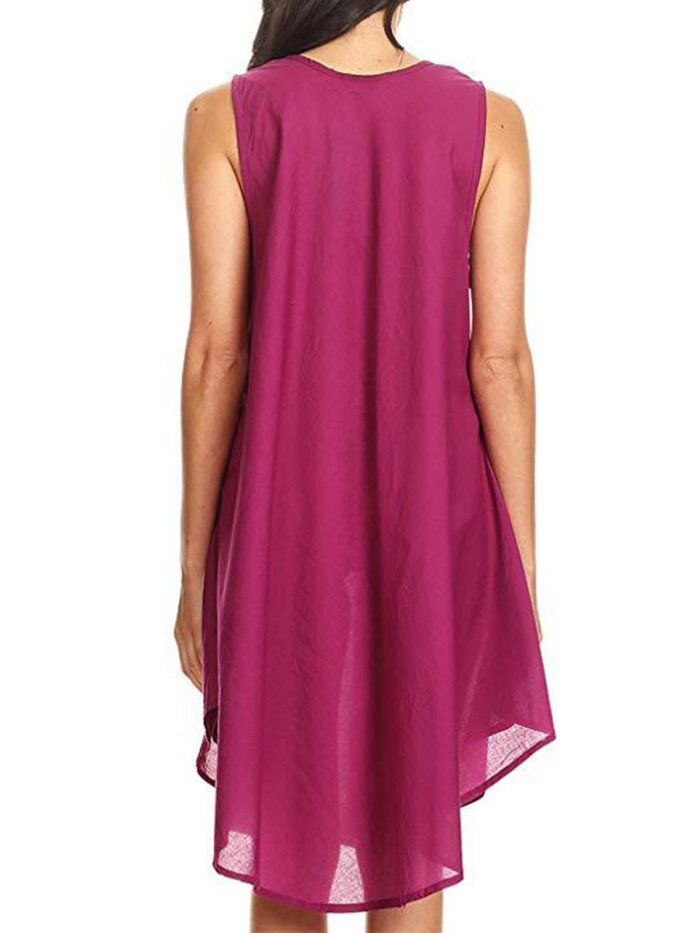 Women Dress Pockets Buttons Round Neck Asymmetrical Dresses