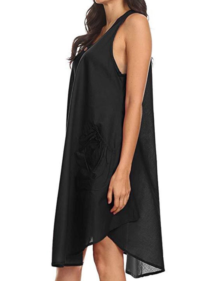 Women Dress Pockets Buttons Round Neck Asymmetrical Dresses