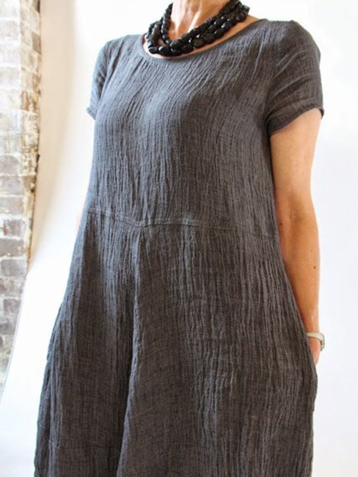 Women Casual Linen Dress Round Neck Short Sleeve Shift Summer Dresses
