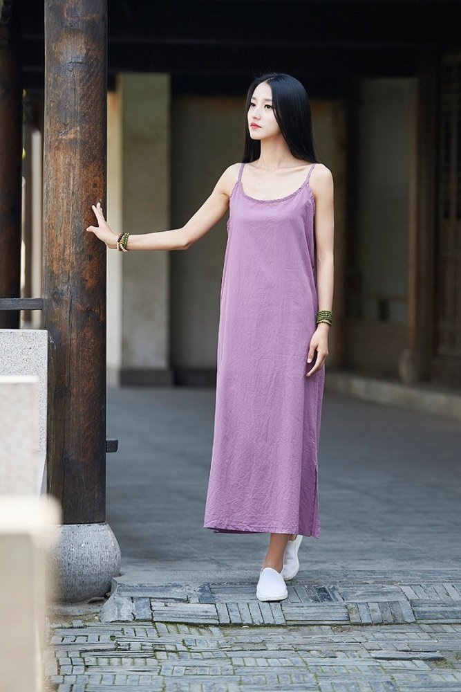 Tank Type Women Linen and Cotton Sleeveless Tea Length Dress