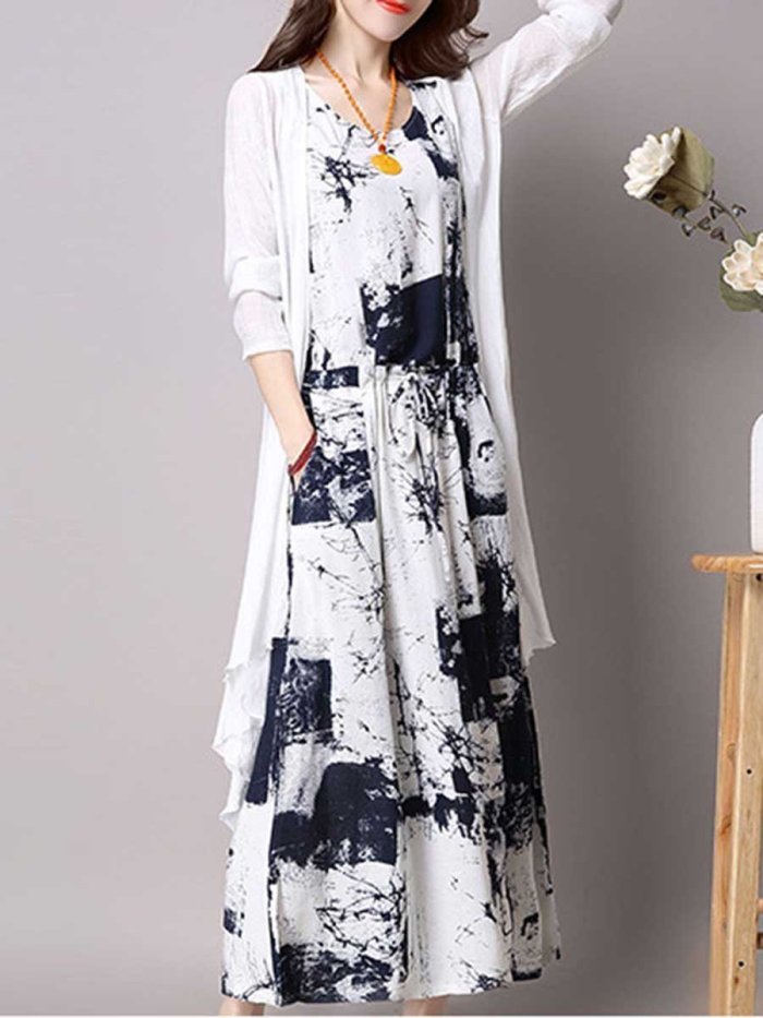 Casual Drawstring Printed Two-Piece Maxi Plus Size Dress