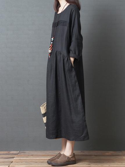 Long Sleeve Women Casual Crew Neck Loose Solid Cotton Long Dress