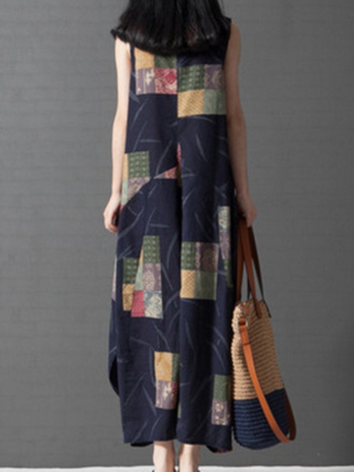 Plus Size Spaghetti Linen A-line Printed Maxi Dress