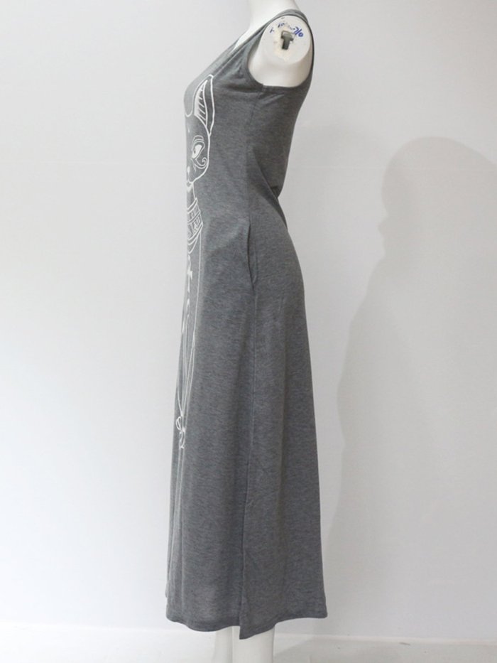 Casual A-line Cats Pockets Sleeveless Plus Size Maxi Dress
