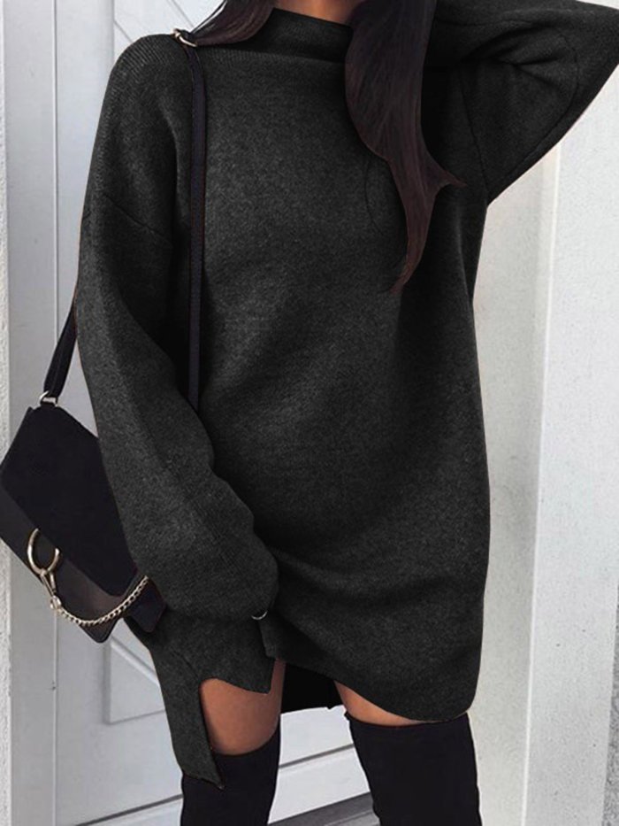 Solid Turtle Neck Casual Fall Dress