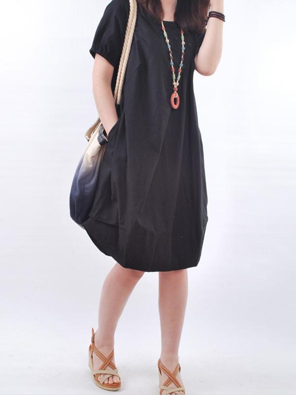 Women Short Sleeve Pockets Cocoon Casual Dress