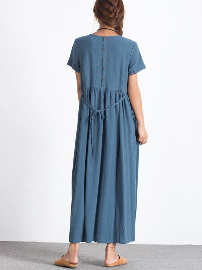 Blue Short Sleeve Crew Neck Linen Dresses