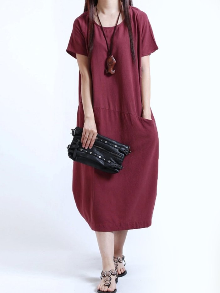 Round Neck  Patch Pocket  Plain  Cotton/Linen Maxi Plus Size Dress