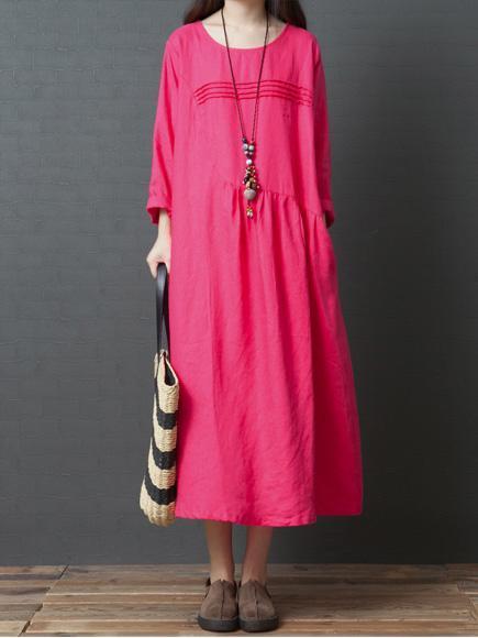 Long Sleeve Women Casual Crew Neck Loose Solid Cotton Long Dress