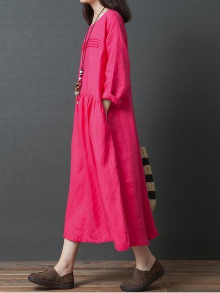 Long Sleeve Women Casual Crew Neck Loose Solid Cotton Long Dress