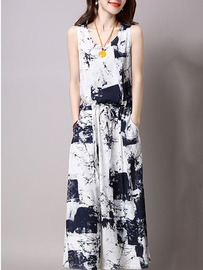 Casual Drawstring Printed Two-Piece Maxi Plus Size Dress