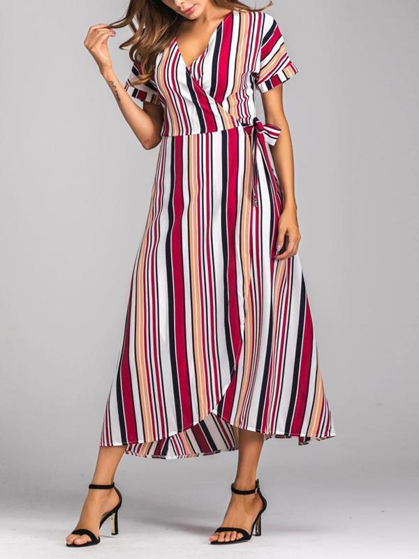 Rainbow Multicolor Stripes Beach Swing V-Neck Maxi Plus Size Dress