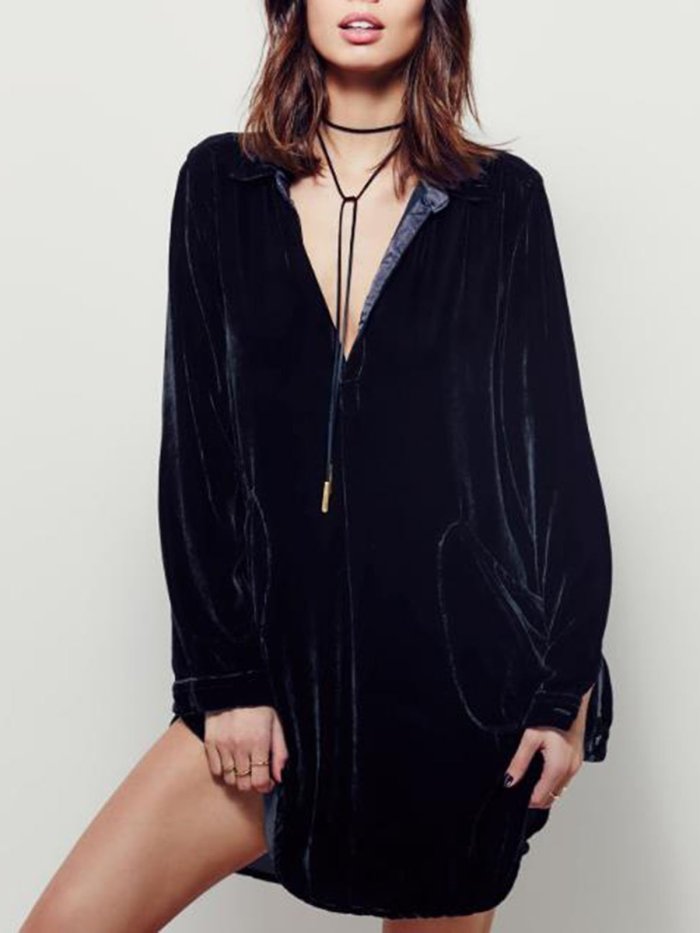Solid Color V-neck Pocket Dress