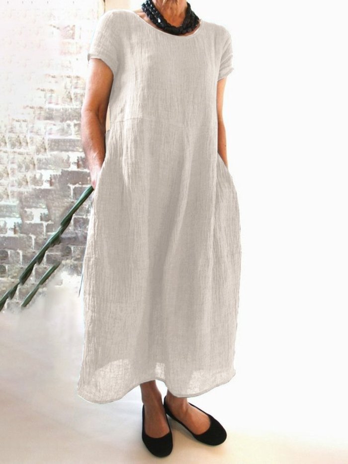 Women Casual Linen Dress Round Neck Short Sleeve Shift Summer Dresses